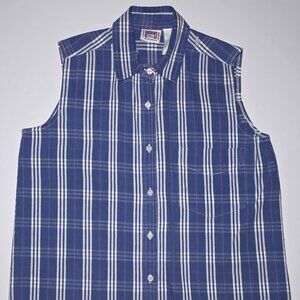 Backroad Skies  Womens Blue and White Striped Button Up Sleeveless Top